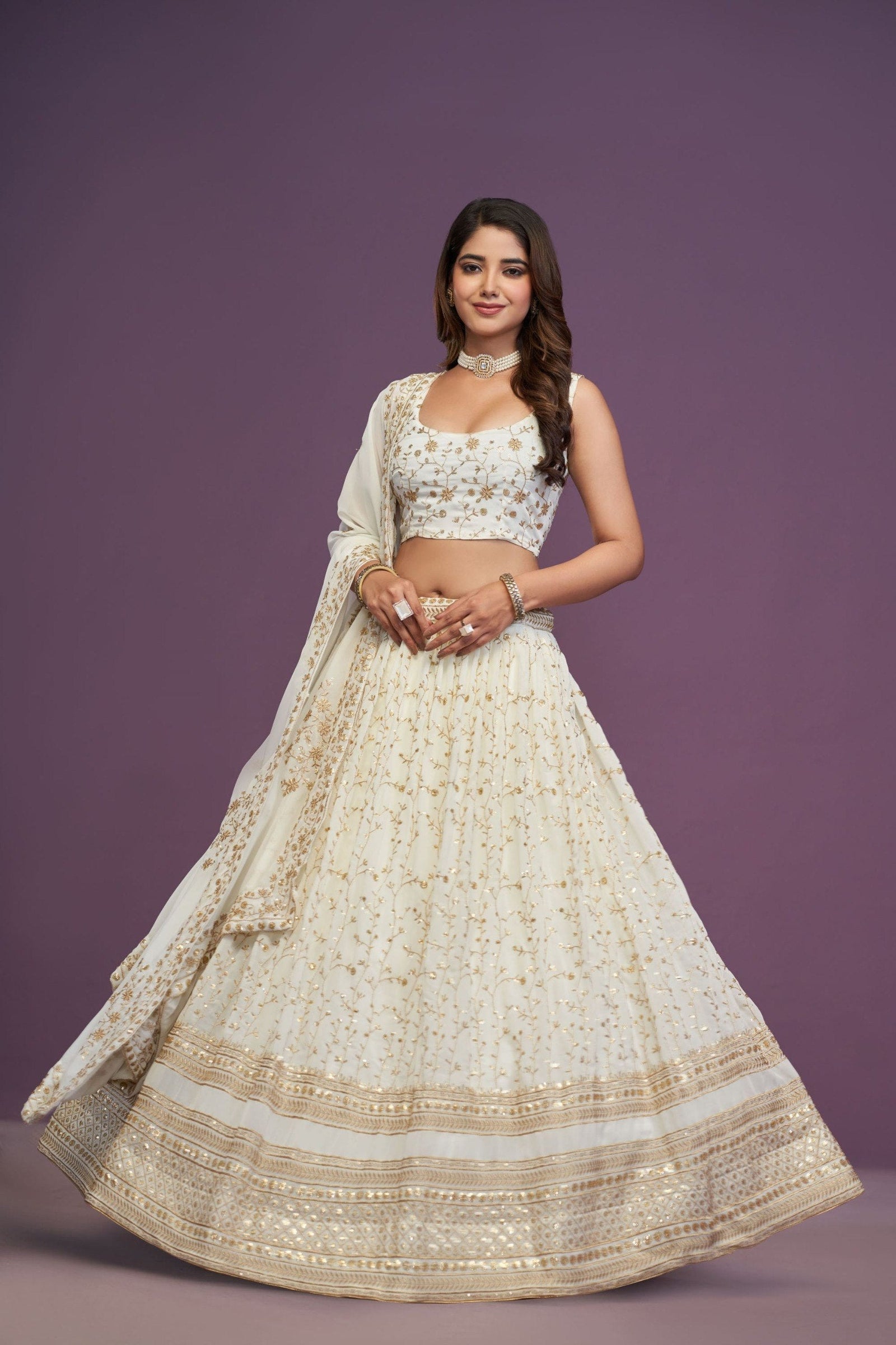White Designer Sequins Work Lehenga ClothsVilla