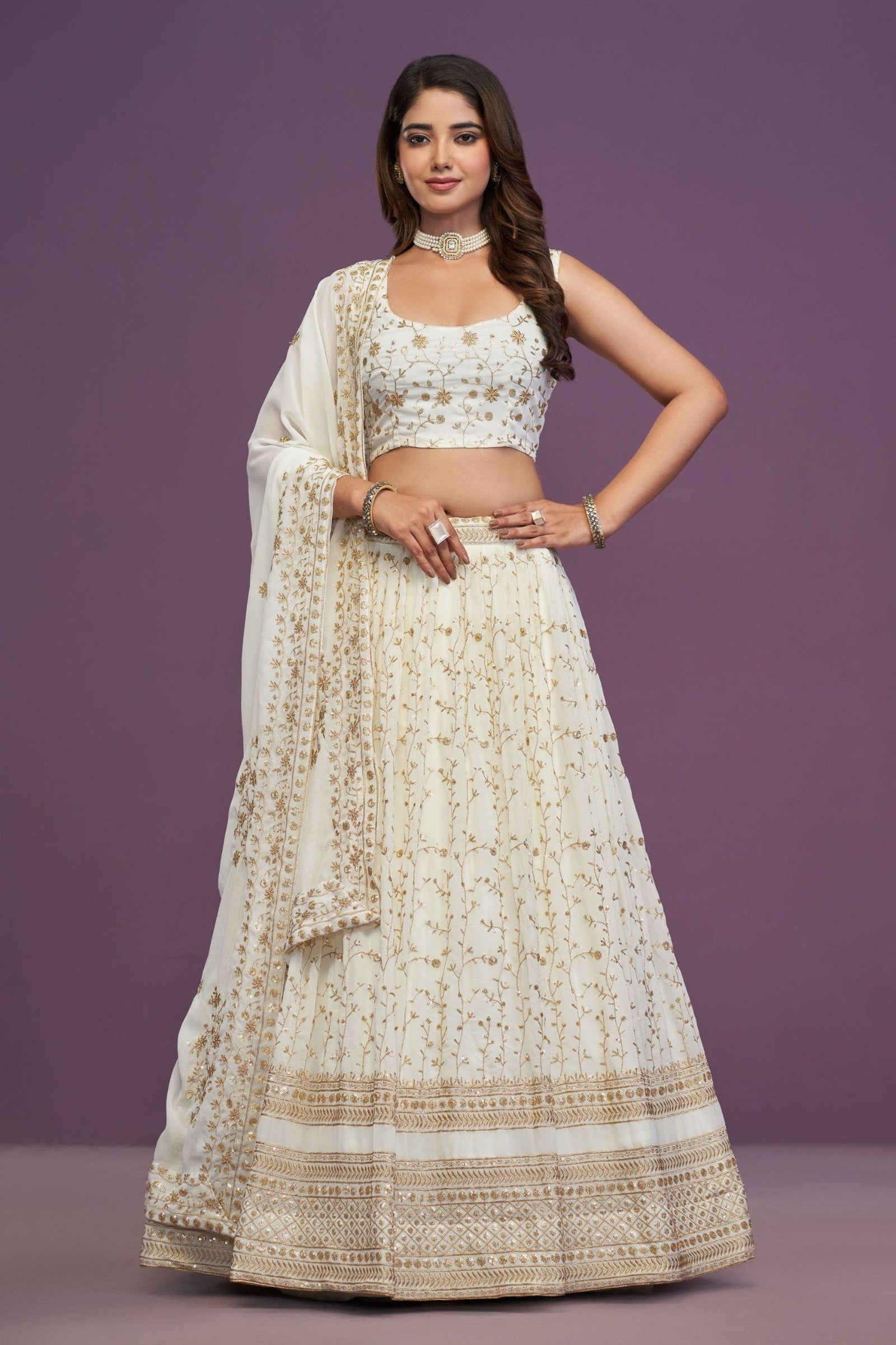 White Designer Sequins Work Lehenga ClothsVilla