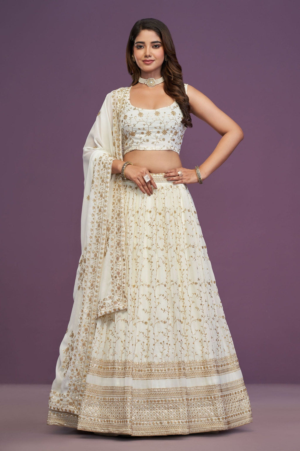White Designer Sequins Work Lehenga ClothsVilla