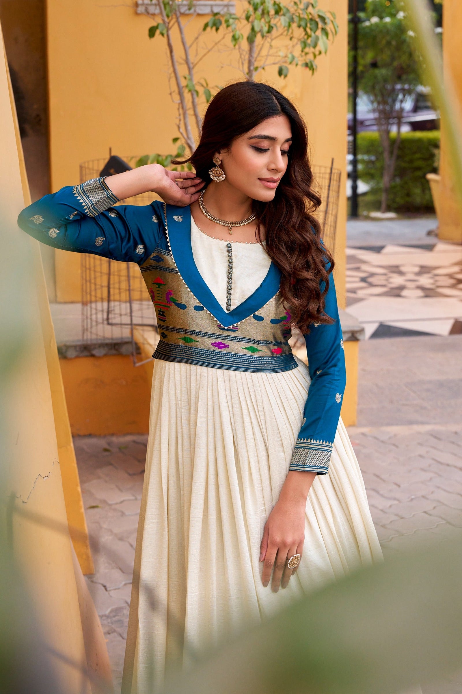 White Designer Zari Work Full Gown ClothsVilla