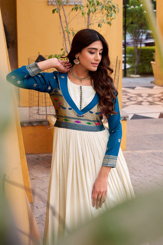 White Designer Zari Work Full Gown ClothsVilla