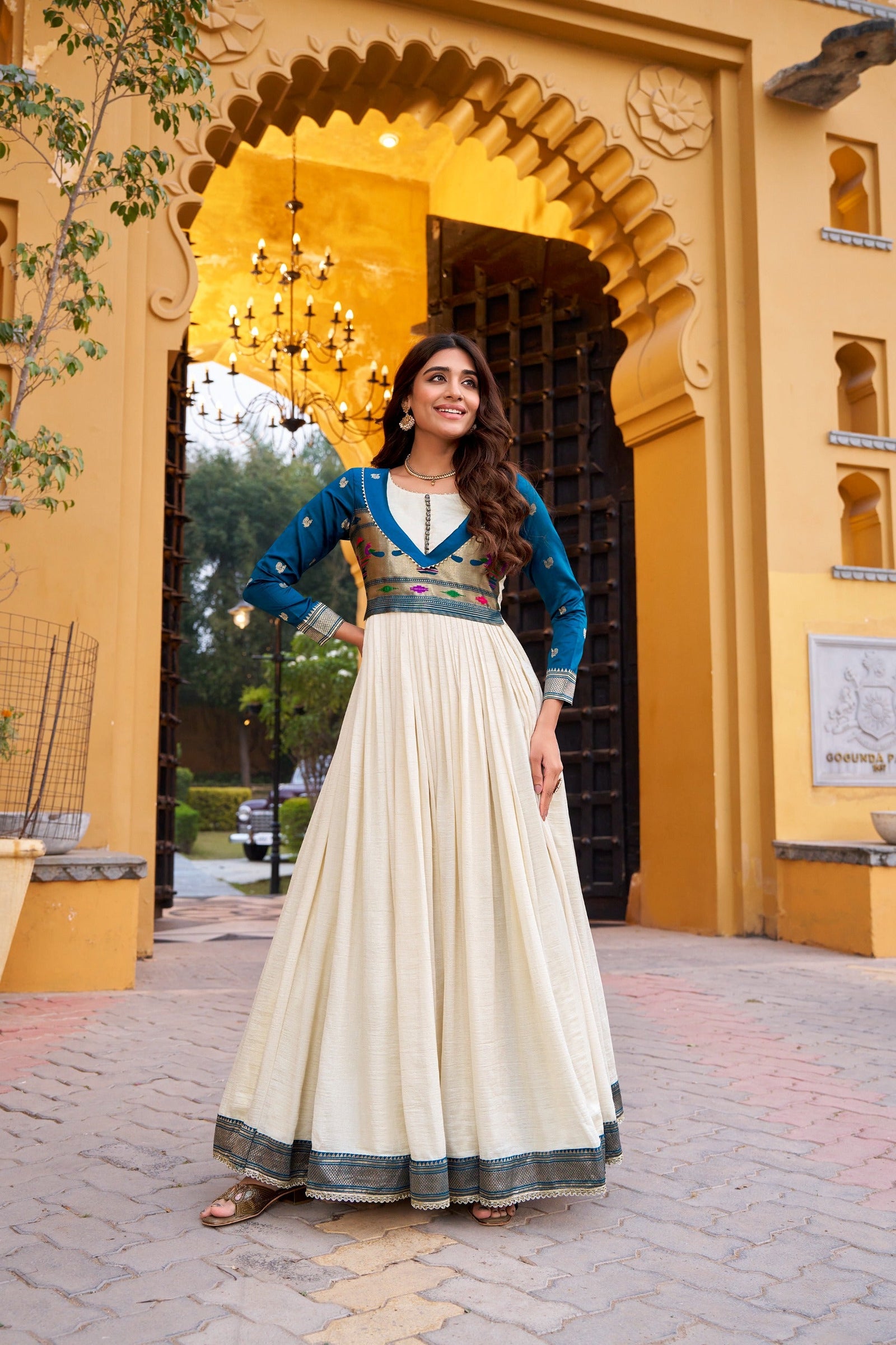 White Designer Zari Work Full Gown ClothsVilla