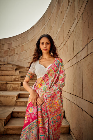 White Digital Print Elegant Bollywood Art Silk Saree with Zari Woven Border ClothsVilla