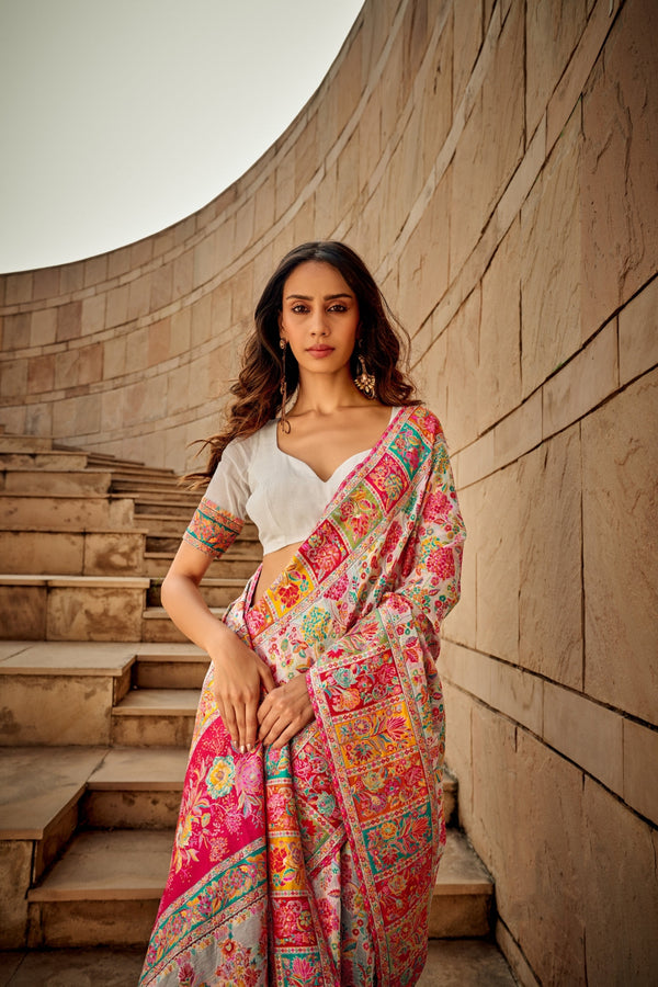 White Digital Print Elegant Bollywood Art Silk Saree with Zari Woven Border ClothsVilla