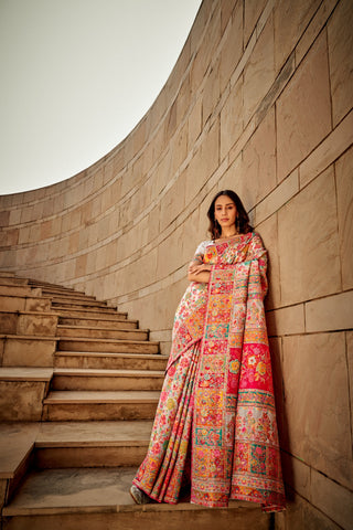 White Digital Print Elegant Bollywood Art Silk Saree with Zari Woven Border ClothsVilla