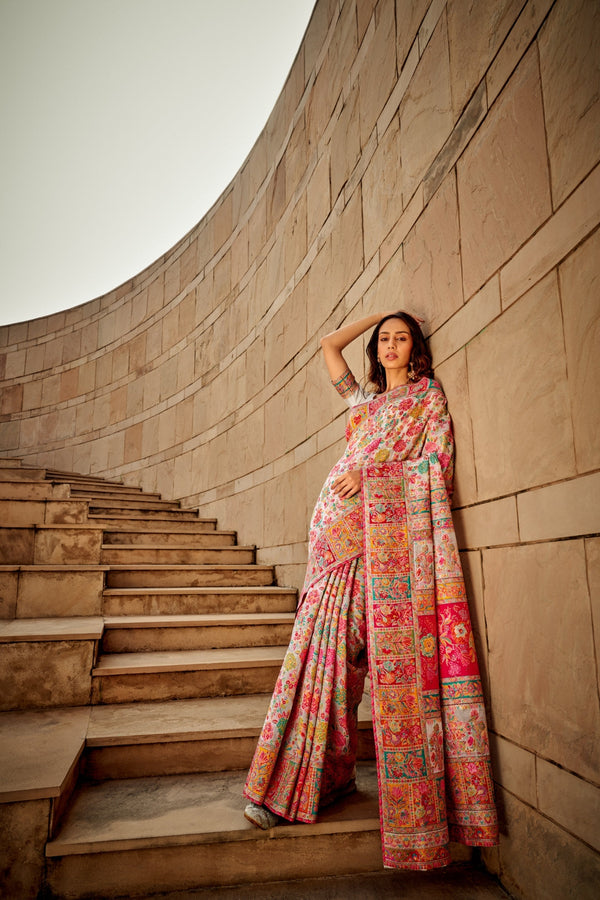 White Digital Print Elegant Bollywood Art Silk Saree with Zari Woven Border ClothsVilla