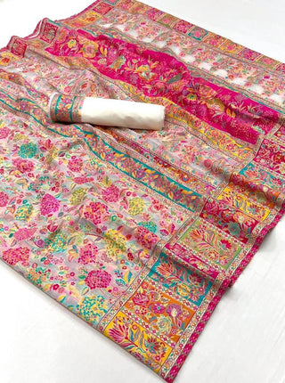 White Digital Print Elegant Bollywood Art Silk Saree with Zari Woven Border ClothsVilla