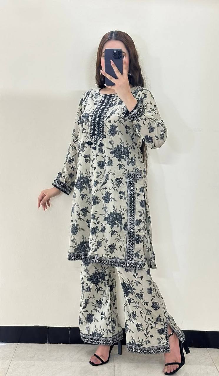 White Digital Printed Pure Natural Crepe Kurti Plazzo Set with Printed Chiffon Georgette Dupatta – Fully Stitched ClothsVilla Main image