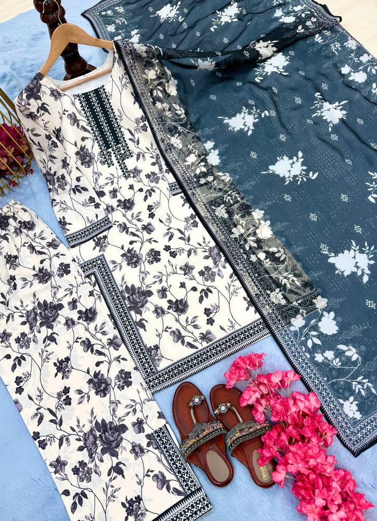 White Digital Printed Pure Natural Crepe Kurti Plazzo Set with Printed Chiffon Georgette Dupatta – Fully Stitched ClothsVilla
