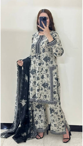 White Digital Printed Pure Natural Crepe Kurti Plazzo Set with Printed Chiffon Georgette Dupatta – Fully Stitched ClothsVilla