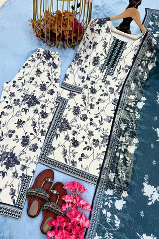 White Digital Printed Pure Natural Crepe Kurti Plazzo Set with Printed Chiffon Georgette Dupatta – Fully Stitched ClothsVilla