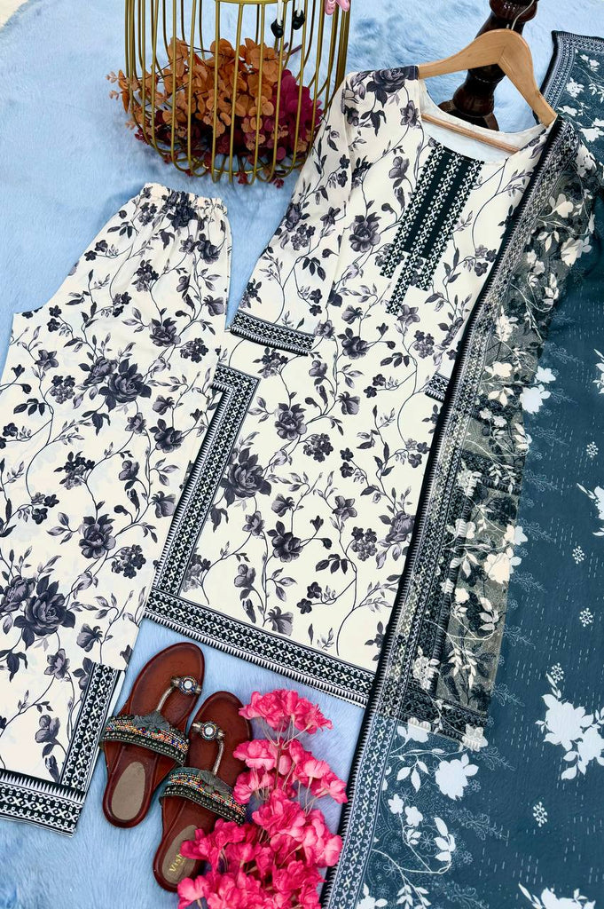 White Digital Printed Pure Natural Crepe Kurti Plazzo Set with Printed Chiffon Georgette Dupatta – Fully Stitched ClothsVilla