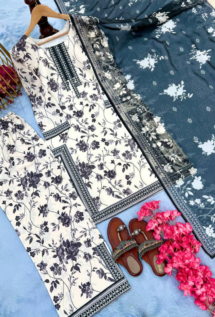 White Digital Printed Pure Natural Crepe Kurti Plazzo Set with Printed Chiffon Georgette Dupatta – Fully Stitched ClothsVilla