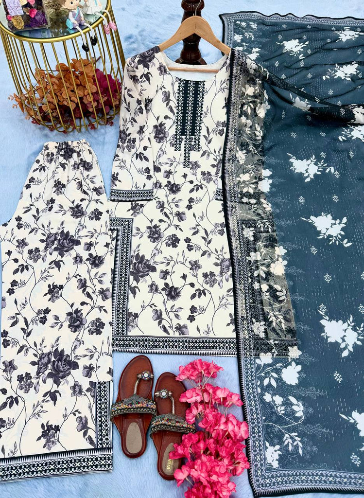 White Digital Printed Pure Natural Crepe Kurti Plazzo Set with Printed Chiffon Georgette Dupatta – Fully Stitched ClothsVilla