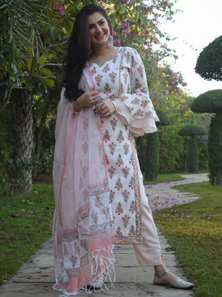 White Elegant Block Printed Kurta Pant Dupatta Set in Magic Cotton and Kota Silk ClothsVilla