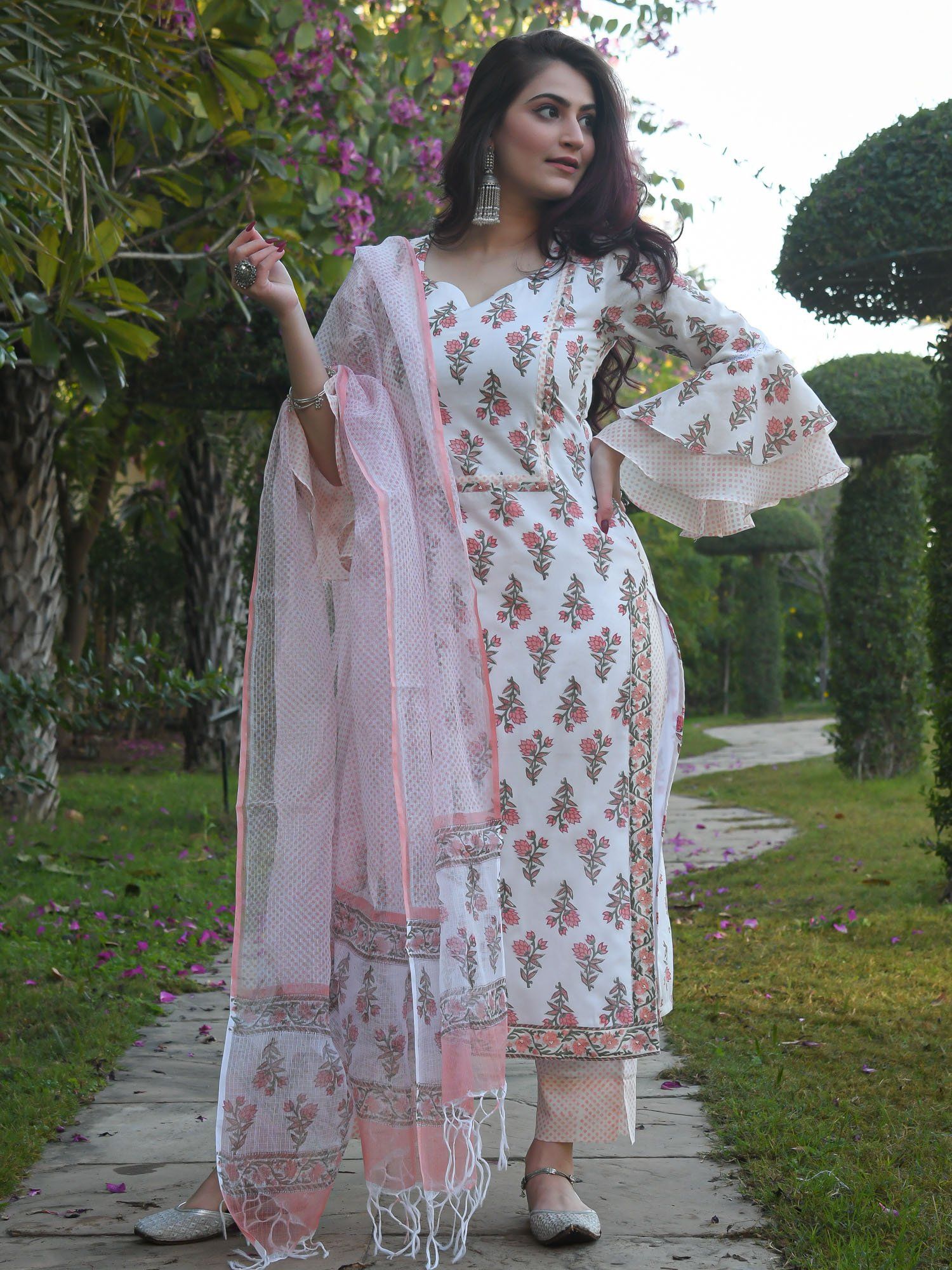 White Elegant Block Printed Kurta Pant Dupatta Set in Magic Cotton and Kota Silk ClothsVilla
