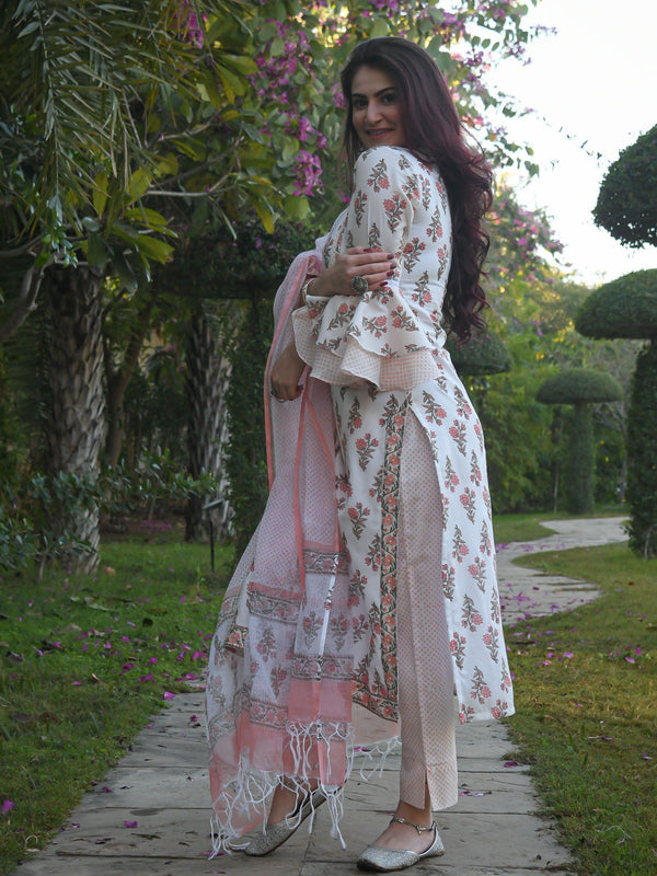 White Elegant Block Printed Kurta Pant Dupatta Set in Magic Cotton and Kota Silk ClothsVilla