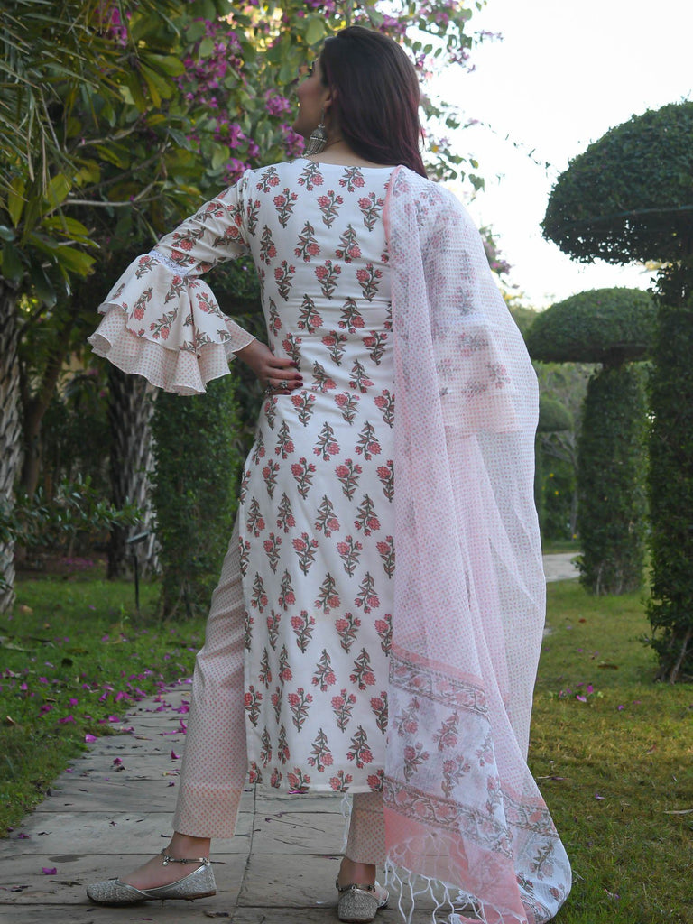 White Elegant Block Printed Kurta Pant Dupatta Set in Magic Cotton and Kota Silk ClothsVilla