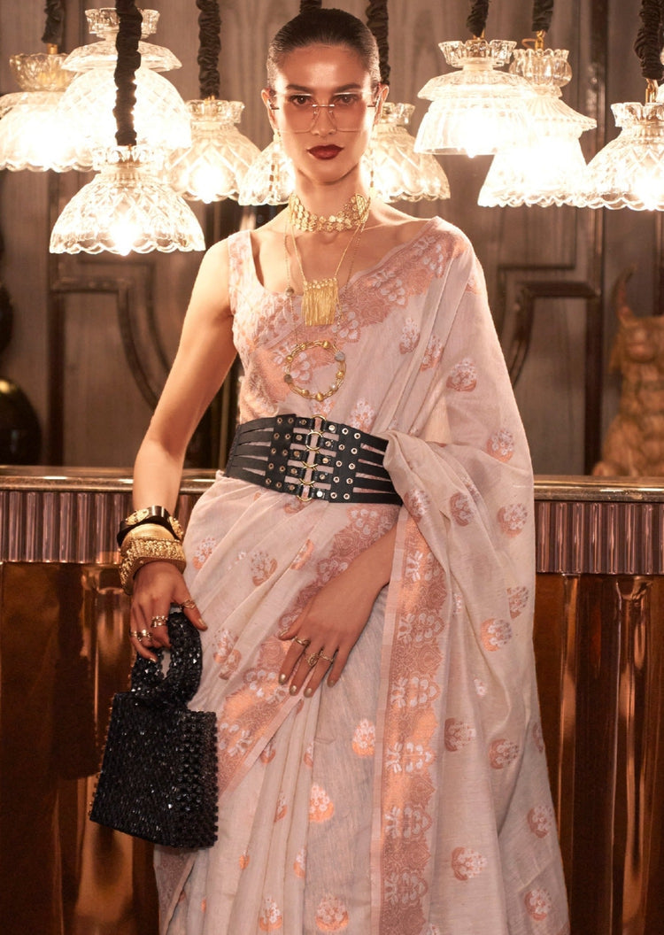 White Elegant Bollywood Cotton Silk Saree with Tassel Detailing Secondary image