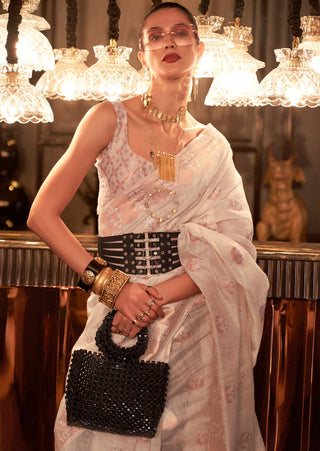 White Elegant Bollywood Cotton Silk Saree with Tassel Detailing ClothsVilla