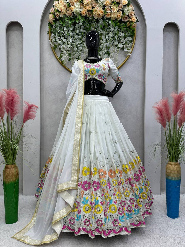 White Elegant Chinon Semi-Stitched Lehenga Set with Sequence Work & Jequard Lace Dupatta ClothsVilla