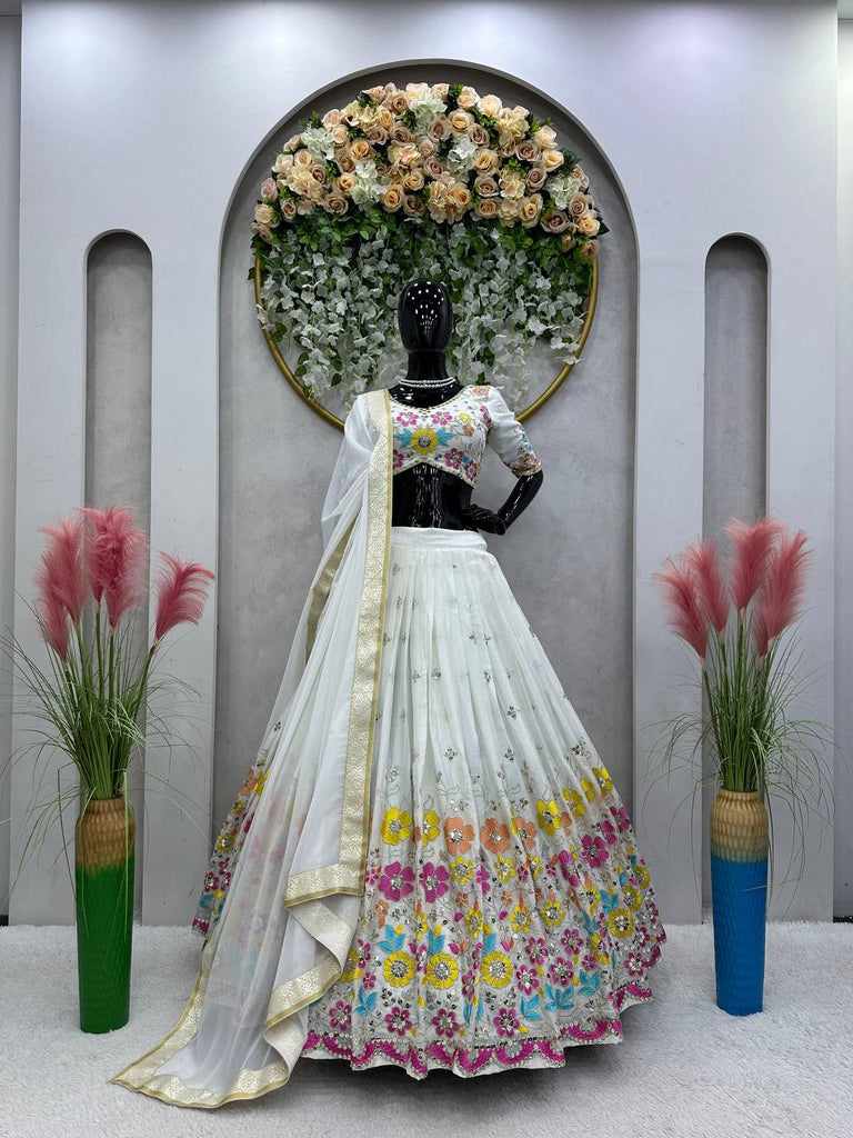 White Elegant Chinon Semi-Stitched Lehenga Set with Sequence Work & Jequard Lace Dupatta ClothsVilla