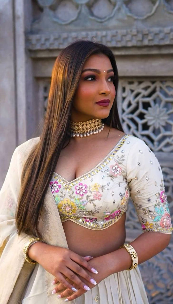 White Elegant Chinon Semi-Stitched Lehenga Set with Sequence Work & Jequard Lace Dupatta ClothsVilla