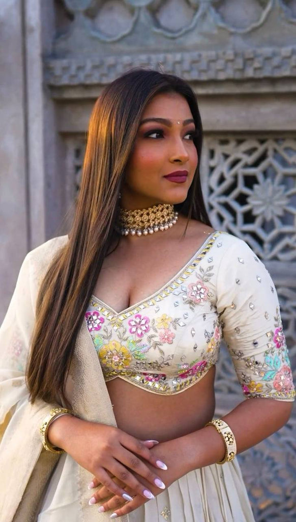 White Elegant Chinon Semi-Stitched Lehenga Set with Sequence Work & Jequard Lace Dupatta ClothsVilla