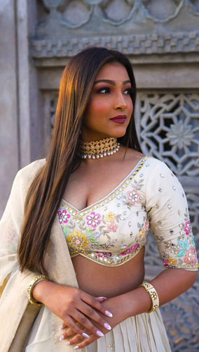 White Elegant Chinon Semi-Stitched Lehenga Set with Sequence Work & Jequard Lace Dupatta ClothsVilla