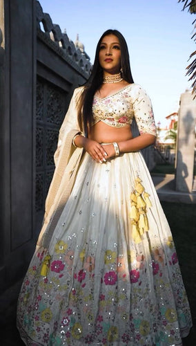 White Elegant Chinon Semi-Stitched Lehenga Set with Sequence Work & Jequard Lace Dupatta ClothsVilla