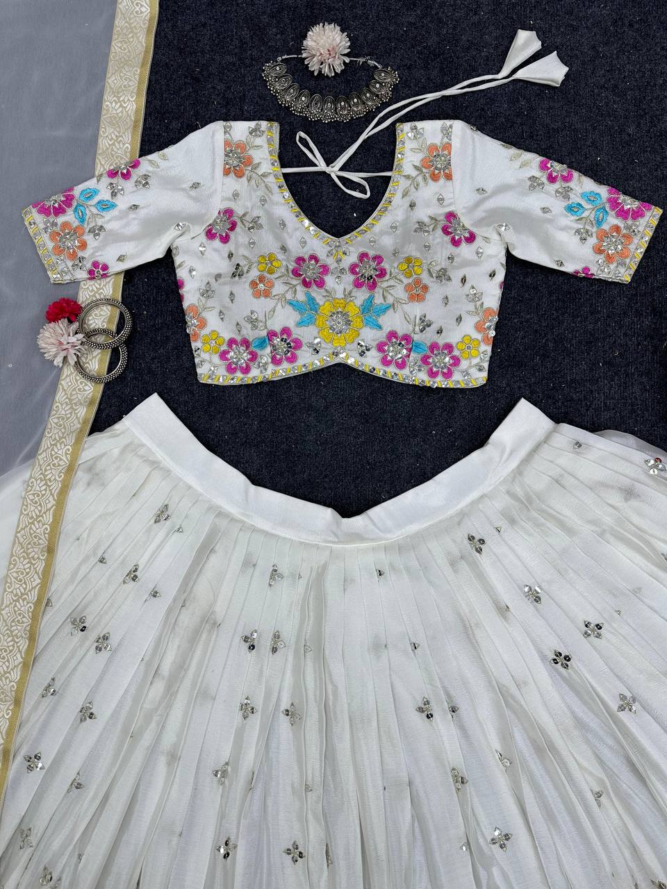 White Elegant Chinon Semi-Stitched Lehenga Set with Sequence Work & Jequard Lace Dupatta ClothsVilla