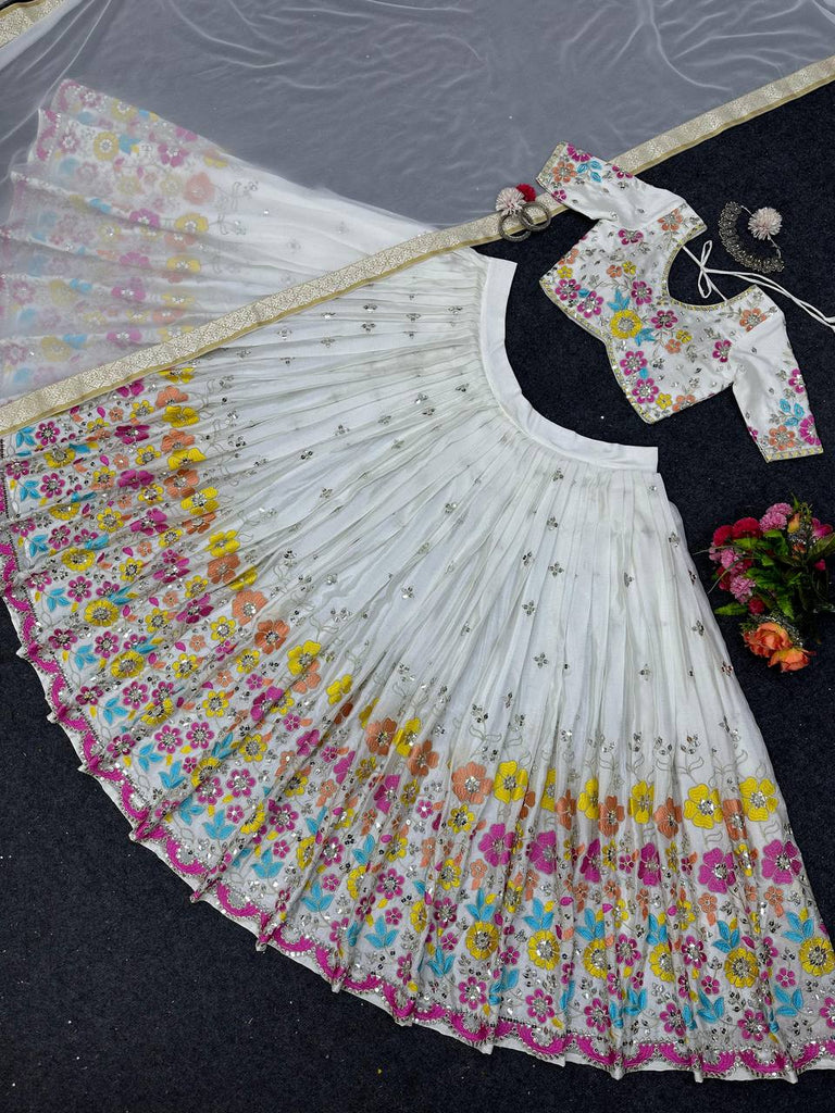 White Elegant Chinon Semi-Stitched Lehenga Set with Sequence Work & Jequard Lace Dupatta ClothsVilla