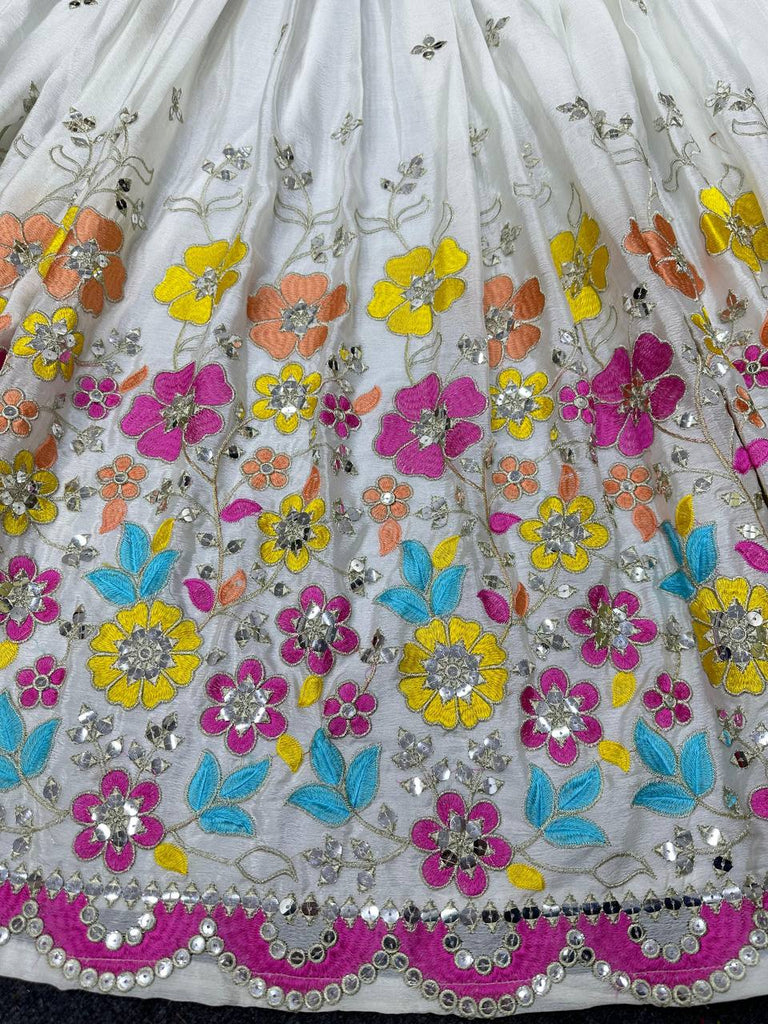 White Elegant Chinon Semi-Stitched Lehenga Set with Sequence Work & Jequard Lace Dupatta ClothsVilla