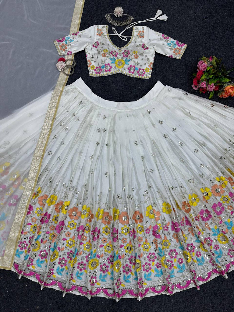 White Elegant Chinon Semi-Stitched Lehenga Set with Sequence Work & Jequard Lace Dupatta ClothsVilla
