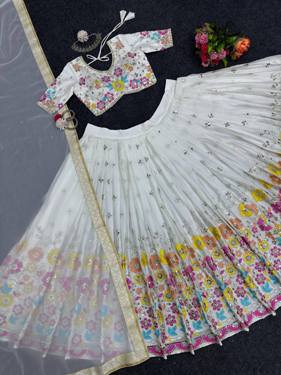 White Elegant Chinon Semi-Stitched Lehenga Set with Sequence Work & Jequard Lace Dupatta ClothsVilla