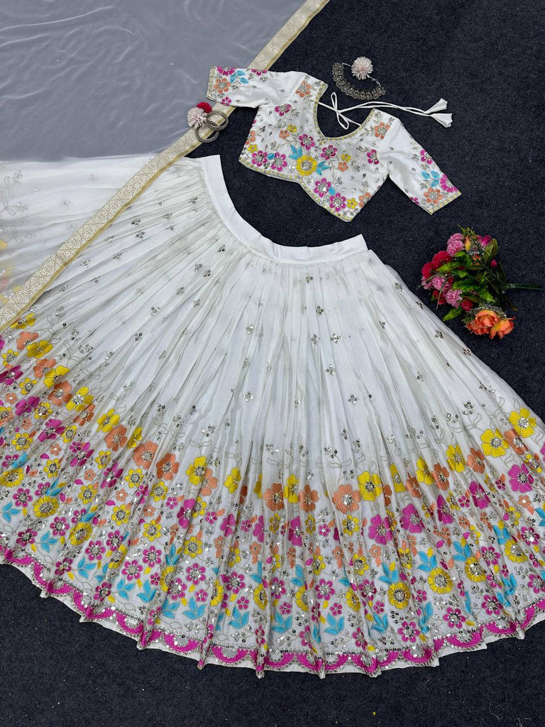 White Elegant Chinon Semi-Stitched Lehenga Set with Sequence Work & Jequard Lace Dupatta ClothsVilla