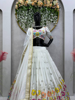 White Elegant Chinon Semi-Stitched Lehenga Set with Sequence Work & Jequard Lace Dupatta ClothsVilla