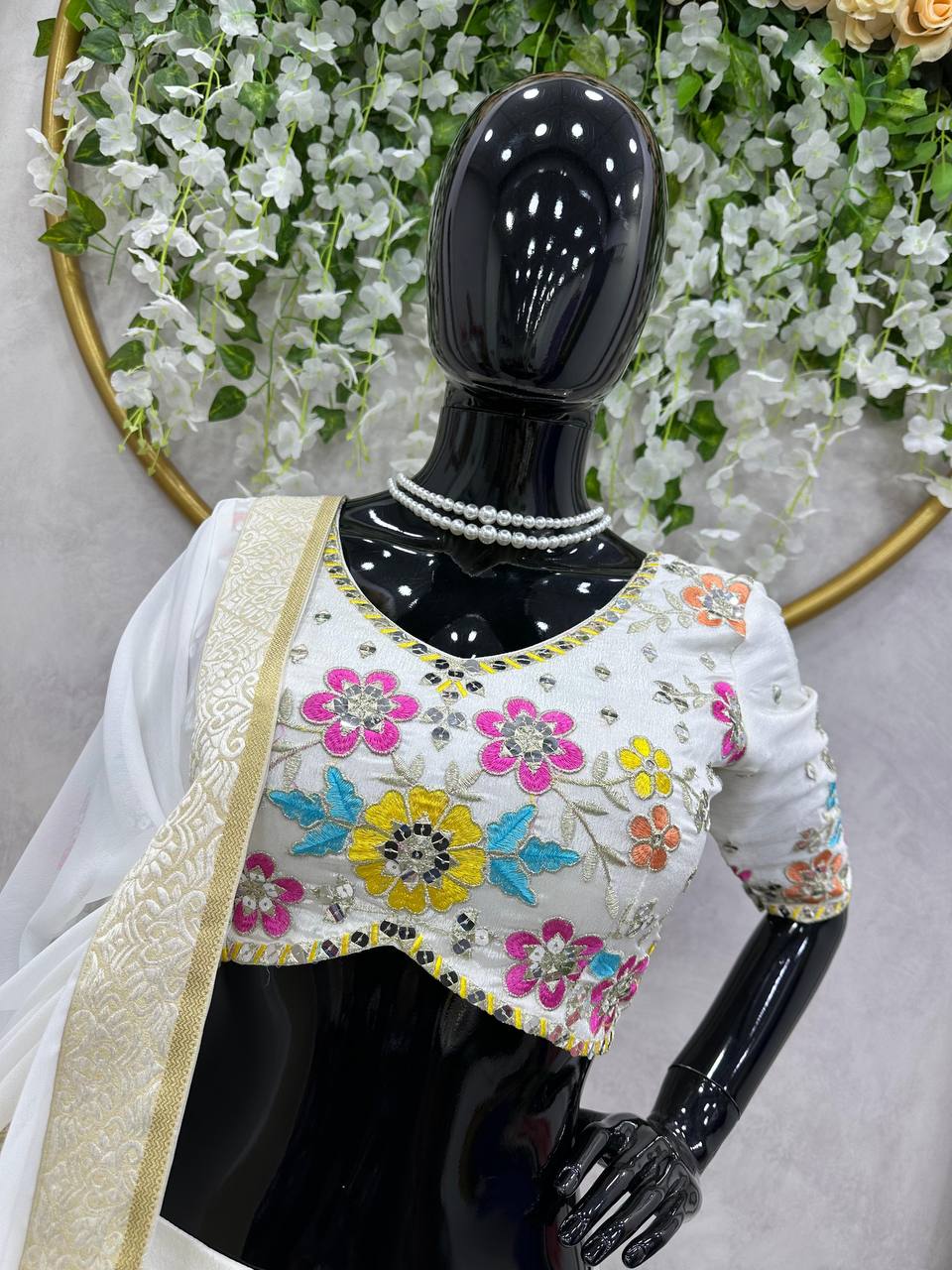White Elegant Chinon Semi-Stitched Lehenga Set with Sequence Work & Jequard Lace Dupatta ClothsVilla