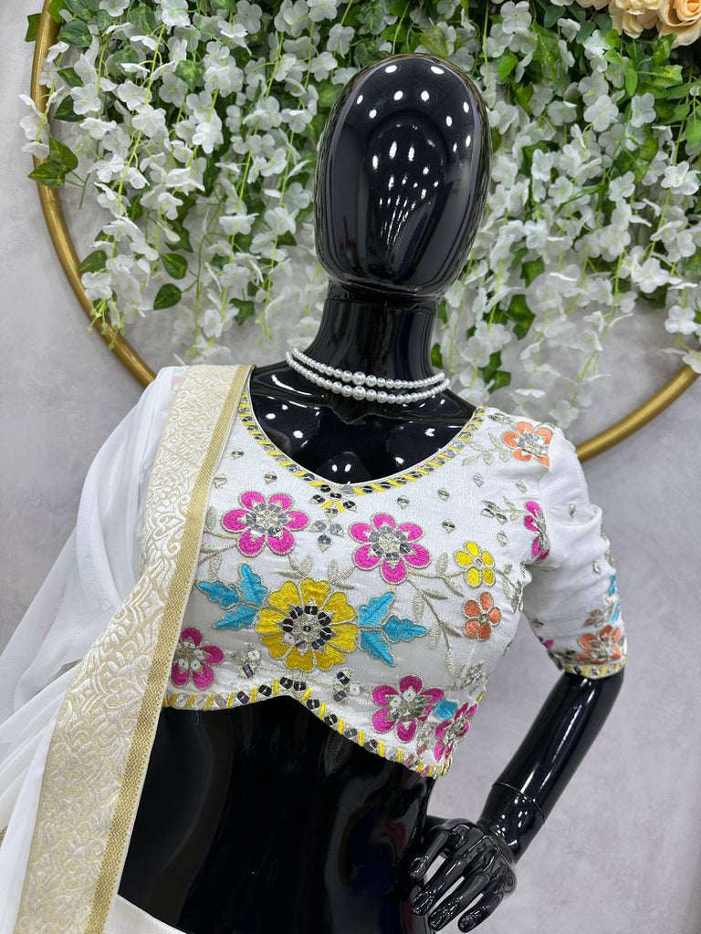 White Elegant Chinon Semi-Stitched Lehenga Set with Sequence Work & Jequard Lace Dupatta ClothsVilla