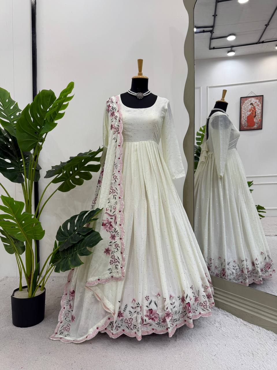 White Elegant Chinon Silk Suit Set with Dupatta  Thread, Sequin & Mukesh Work Full-Stitched Ethnic Ensemble ClothsVilla