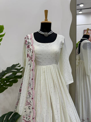 White Elegant Chinon Silk Suit Set with Dupatta  Thread, Sequin & Mukesh Work Full-Stitched Ethnic Ensemble ClothsVilla