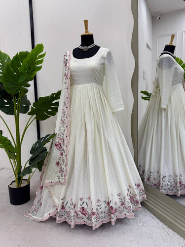 White Elegant Chinon Silk Suit Set with Dupatta  Thread, Sequin & Mukesh Work Full-Stitched Ethnic Ensemble ClothsVilla