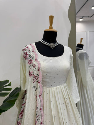 White Elegant Chinon Silk Suit Set with Dupatta  Thread, Sequin & Mukesh Work Full-Stitched Ethnic Ensemble ClothsVilla