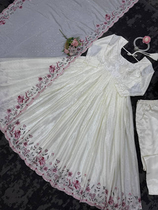 White Elegant Chinon Silk Suit Set with Dupatta  Thread, Sequin & Mukesh Work Full-Stitched Ethnic Ensemble ClothsVilla