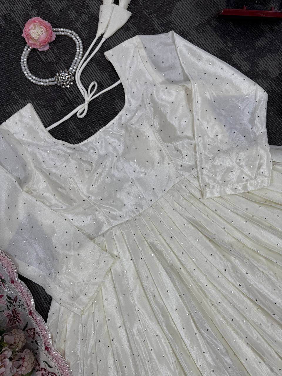 White Elegant Chinon Silk Suit Set with Dupatta  Thread, Sequin & Mukesh Work Full-Stitched Ethnic Ensemble ClothsVilla