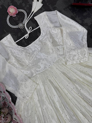 White Elegant Chinon Silk Suit Set with Dupatta  Thread, Sequin & Mukesh Work Full-Stitched Ethnic Ensemble ClothsVilla