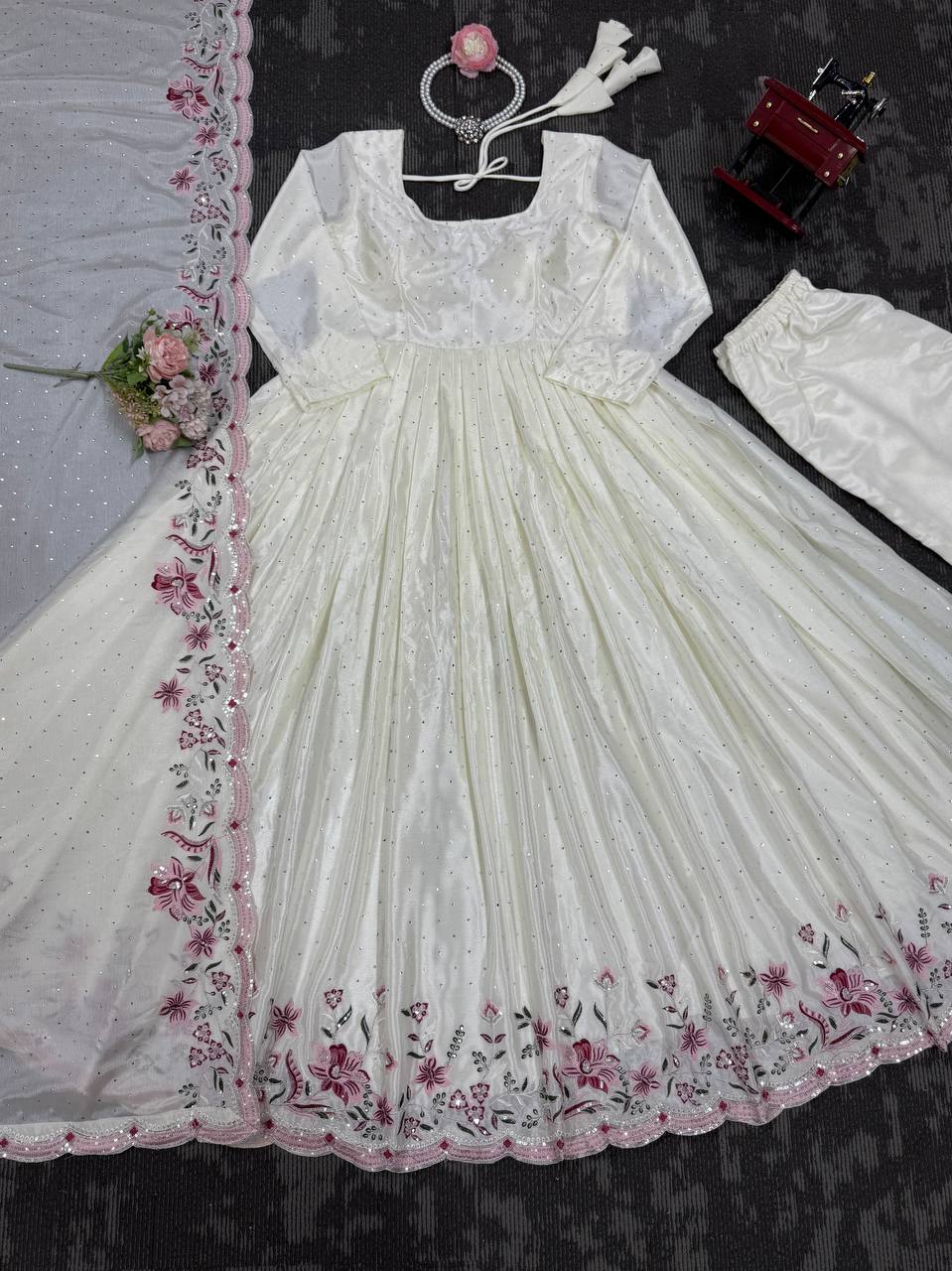 White Elegant Chinon Silk Suit Set with Dupatta  Thread, Sequin & Mukesh Work Full-Stitched Ethnic Ensemble ClothsVilla