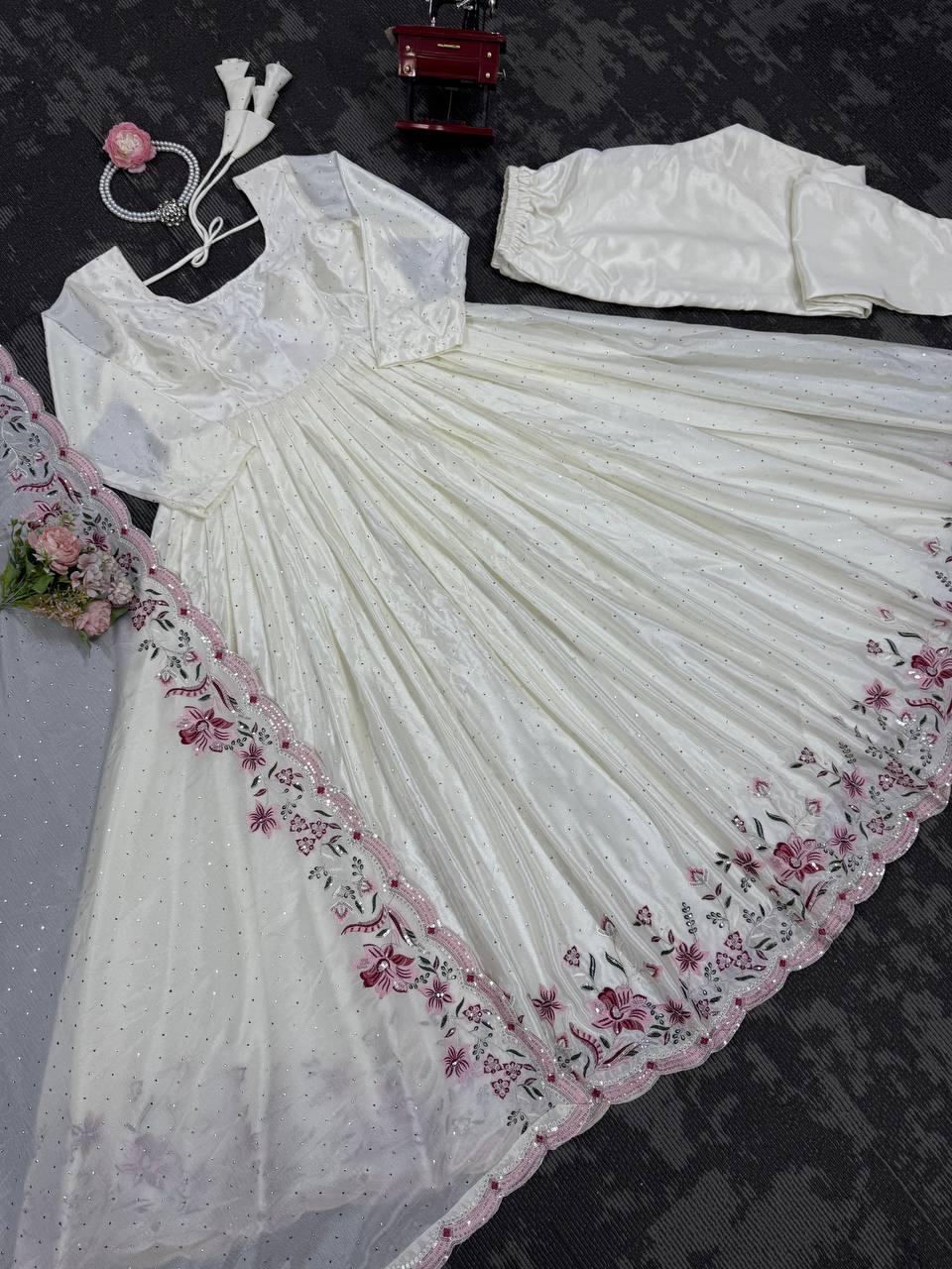 White Elegant Chinon Silk Suit Set with Dupatta  Thread, Sequin & Mukesh Work Full-Stitched Ethnic Ensemble ClothsVilla