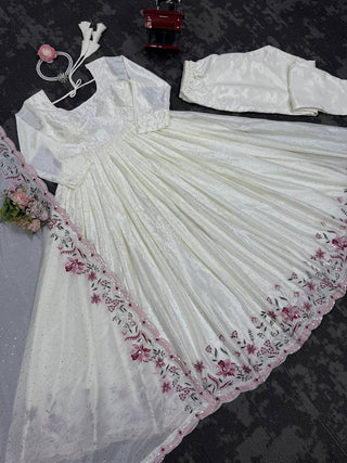 White Elegant Chinon Silk Suit Set with Dupatta  Thread, Sequin & Mukesh Work Full-Stitched Ethnic Ensemble ClothsVilla