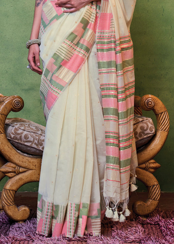 White Elegant Cotton Silk Blended Saree – Graceful & Lustrous Drape ClothsVilla